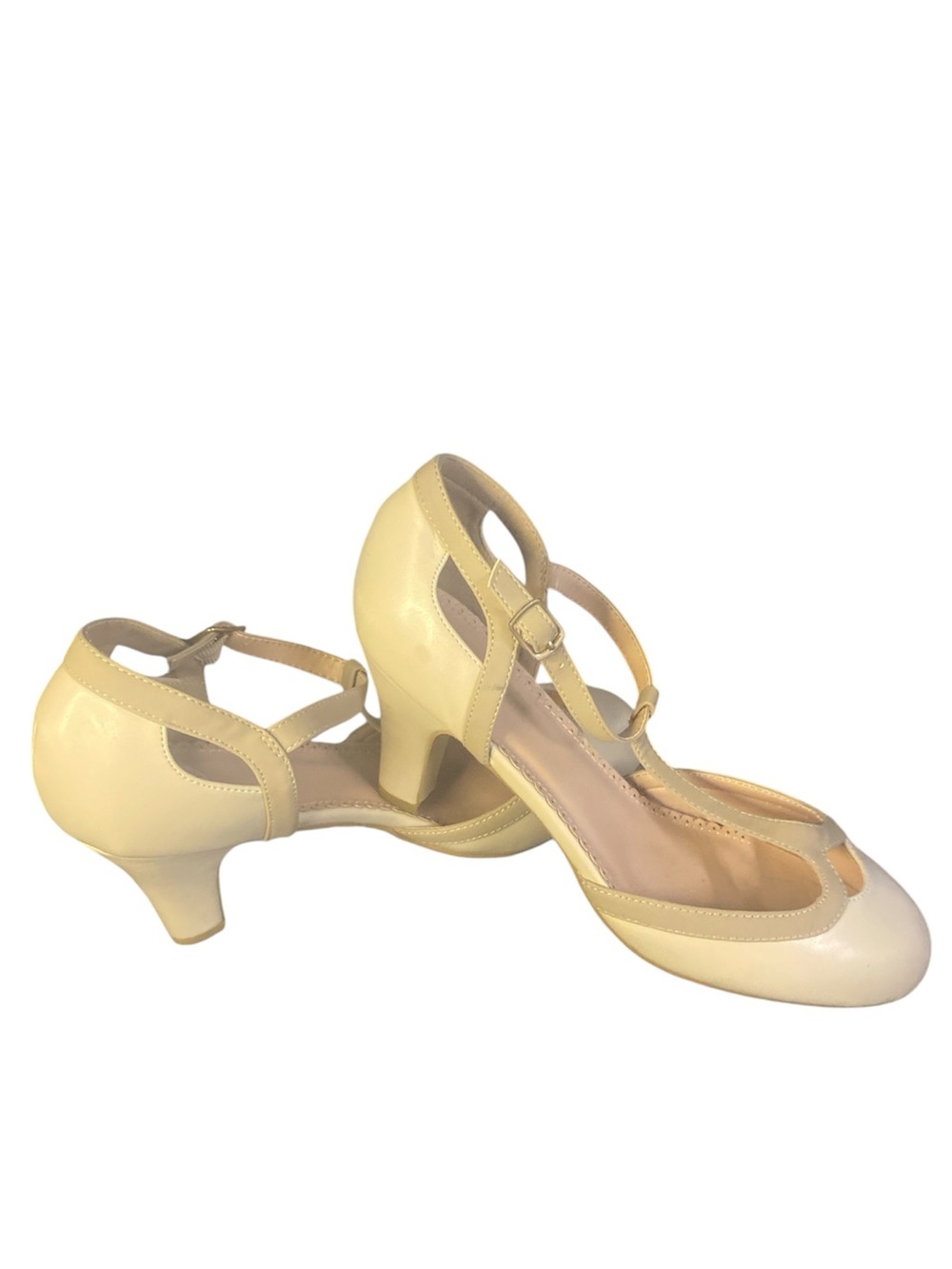 Branded Women's T-Strap Low Heel Pumps in Pale Yellow sz 11